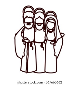 monochrome contour with jesus embraced to virgin mary and saint joseph