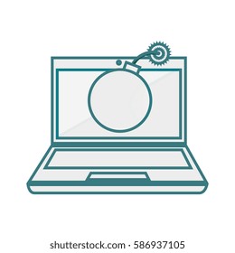 monochrome contour of laptop computer with virus bomb on screen