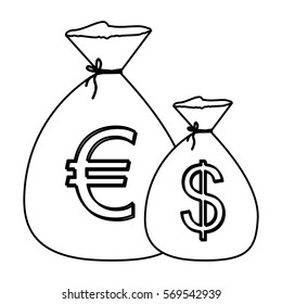 monochrome contour with money bags with currency symbol dollar and euro