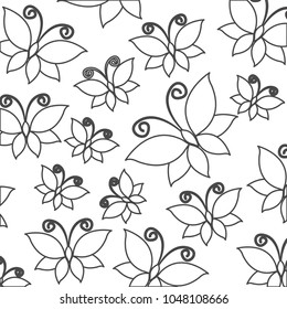 monochrome contour pattern with abstract butterflies