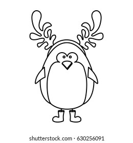 monochrome contour of penguin with horns of reindeer vector illustration