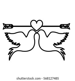 monochrome contour with pigeons attached by the peak and small heart crossed by arrow
