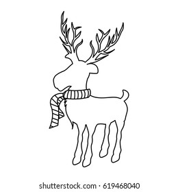 monochrome contour of reindeer with big horns and striped scarf vector illustration