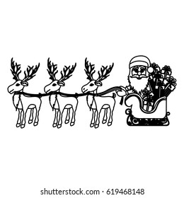 monochrome contour with set of three reindeers and santa claus in sleigh with gifts vector illustration