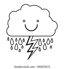 monochrome contour of smiling cloud with rain and lightning vector illustration