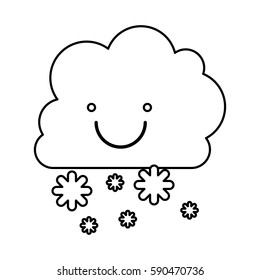 monochrome contour with smiling cumulus of clouds and snow fall vector illustration