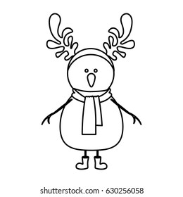 monochrome contour of snowman with boots and scarf and horns of reindeer vector illustration