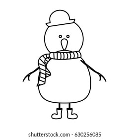 monochrome contour of snowman with boots and scarf and hat vector illustration