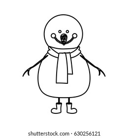 monochrome contour of snowman with scarf and boots vector illustration