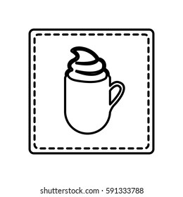 monochrome contour square and dotted line with coffee cup with cream vector illustration