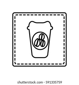 monochrome contour square and dotted line with disposable coffee cup vector illustration