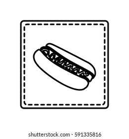 monochrome contour square and dotted line with hot dog with sauce vector illustration