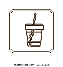monochrome contour in square frame with disposable glass of cappuccino and straw