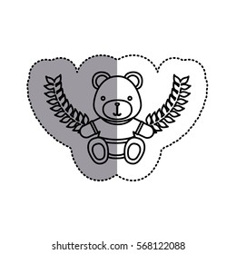 monochrome contour sticker circle with teddy bear with t-shirt and olive branchs and middle shadow