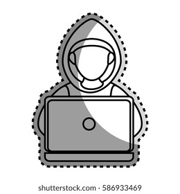monochrome contour sticker with hacker faceless and laptop