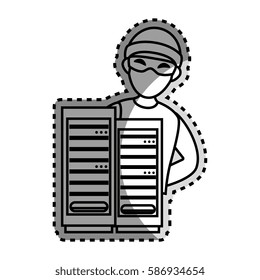 monochrome contour sticker with hacker and tower server
