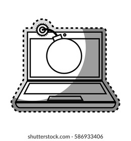 monochrome contour sticker of laptop computer with virus bomb on screen