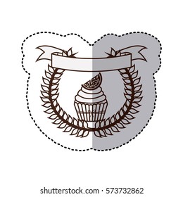 monochrome contour sticker with olive crown and ribbon and cupcake with lemon slice vector illustration