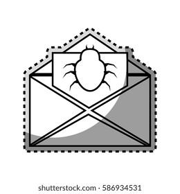 monochrome contour sticker with open envelope mail with beetle virus