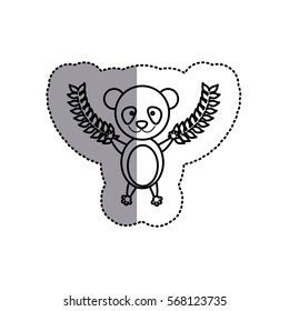 monochrome contour sticker with panda bear and olive branchs and middle shadow