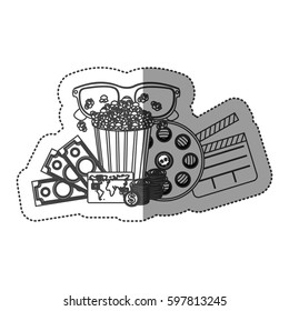 monochrome contour sticker with popcorn cup and glasses 3D and money and movie tickets and movie tape and clapper board vector illustration