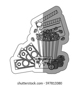 monochrome contour sticker with popcorn cup with money and movie tickets vector illustration