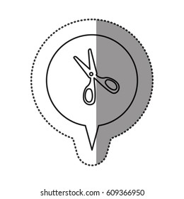 monochrome contour sticker with scissors icon in circular speech vector illustration
