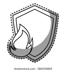 monochrome contour sticker of shield with flame