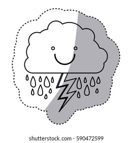 monochrome contour sticker of smiling cloud with rain and lightning vector illustration