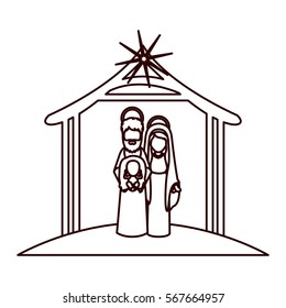 monochrome contour with virgin mary and saint joseph with baby in arms under manger