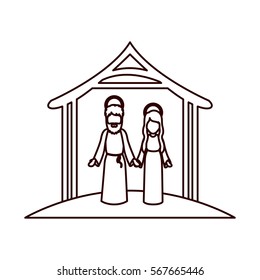 monochrome contour with virgin mary and saint joseph holding hands under manger