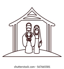 monochrome contour with virgin mary and saint joseph with baby in arms under manger