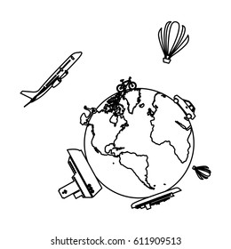 monochrome contour of world with means of transport around vector illustration