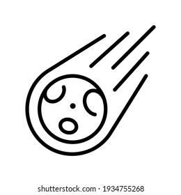 Monochrome contoured simple black comet falling down icon vector illustration. Natural fired asteroid or meteor surrounded by flame at open space isolated on white. Meteorite stone ball speed flying