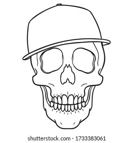 monochrome cool skull with baseball cap on the head. outline, comic, vector, isolated.