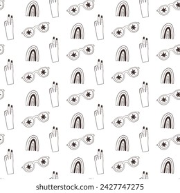 Monochrome cool vibes seamless pattern. Sunglasses with eye, rainbow, good sign hand wallpaper background