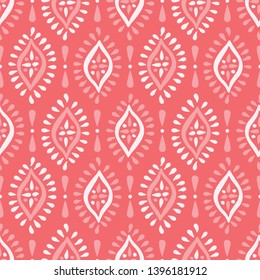 Monochrome Coral Boho Handdrawn Diamonds Vector Seamless Pattern. White And Pink Elegant Ethnic Traditional Background