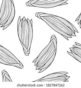 Monochrome corn cobs on a white background. Vector outlines seamless pattern. Autumn vegetables.