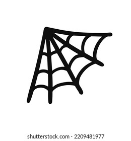 Monochrome Corner Cobweb, Spider web doodle icon for Halloween. Hand drawn Cute Vector element for decoration. Outline illustration, isolated on white background