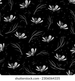 Monochrome cosmos flower pattern on black background. botanical print great for fabric, textile, wrapping, paper, packaging, and wallpaper.