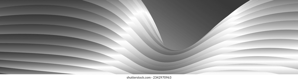 Monochrome cover design, abstract background. Wavy silver parallel gradient lines, ribbons, silk. Black and white with shades of gray banner, poster. eps vector