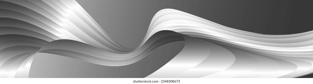 Monochrome cover design, abstract background. Wavy silver parallel gradient lines, ribbons, silk. Black and white with shades of gray banner, poster. eps vector