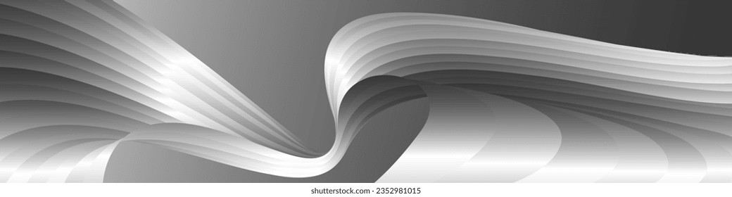 Monochrome cover design, abstract background. Wavy silver parallel gradient lines, ribbons, silk. Black and white with shades of gray banner, poster. eps vector