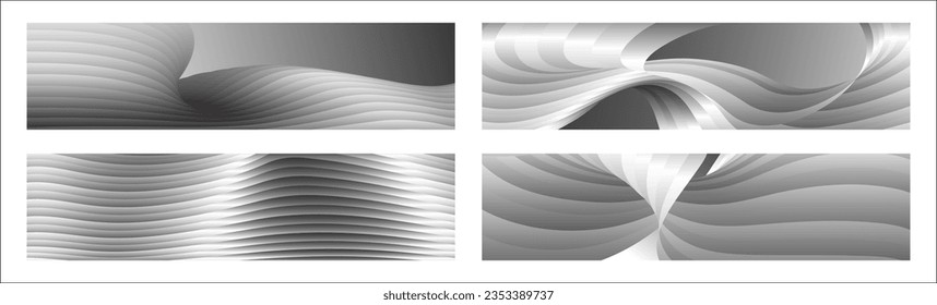 Monochrome cover design, abstract background. Wavy silver parallel gradient lines, ribbons, silk. Set of 4 backgrounds. Black and white with shades of gray banner, poster. eps vector