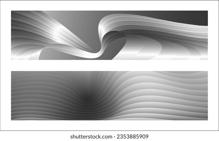 Monochrome cover design, abstract background. Wavy silver parallel gradient lines, ribbons, silk. Set of 2 backgrounds. Black and white with shades of gray banner, poster. eps vector