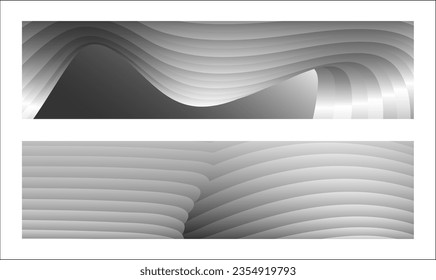 Monochrome cover design, abstract background. Wavy silver parallel gradient lines, ribbons, silk. Set of 2 backgrounds. Black and white with shades of gray banner, poster. eps vector