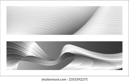 Monochrome cover design, abstract background. Wavy silver parallel gradient lines, ribbons, silk. Set of 2 backgrounds. Black and white with shades of gray banner, poster. eps vector