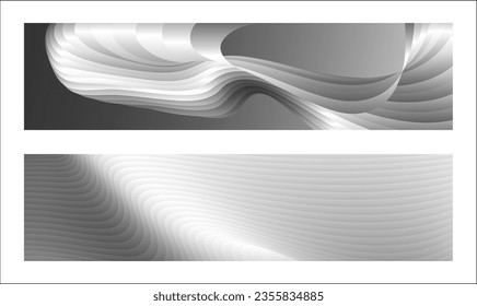 Monochrome cover design, abstract background. Wavy silver parallel gradient lines, ribbons, silk. Set of 2 backgrounds. Black and white with shades of gray banner, poster. eps vector