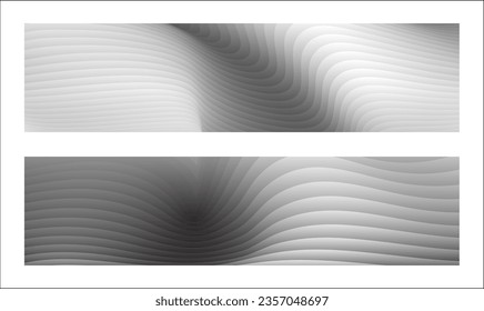 Monochrome cover design, abstract background. Wavy silver parallel gradient lines, ribbons, silk. Set of 2 backgrounds. Black and white with shades of gray banner, poster. eps vector