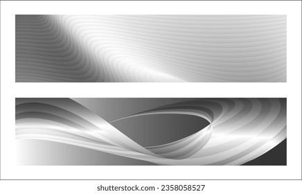 Monochrome cover design, abstract background. Wavy silver parallel gradient lines, ribbons, silk. Set of 2 backgrounds. Black and white with shades of gray banner, poster. eps vector